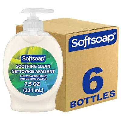A pack of six Softsoap bottles, each 7.5 oz (221 mL), featuring a soothing clean formula with aloe vera fresh scent.