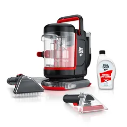 A Dirt Devil portable spot cleaner with cleaning solution, featuring handheld and hose attachments for targeted cleaning tasks.