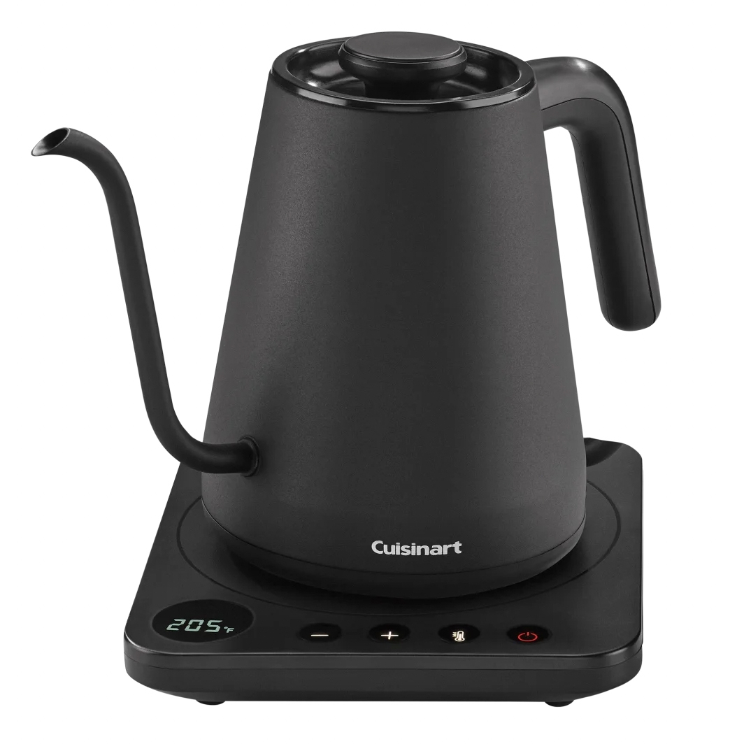 A black, 1L Cuisinart electric gooseneck kettle with a sleek design, featuring a curved spout, ergonomic handle, digital base for temperature control, and a 205°F display.