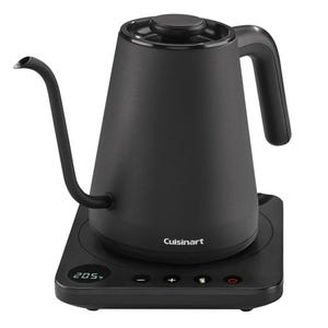 A black, 1L Cuisinart electric gooseneck kettle with a sleek design, featuring a curved spout, ergonomic handle, digital base for temperature control, and a 205°F display.