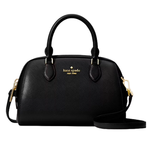 A black Kate Spade New York handbag with gold hardware, featuring a structured design, two handles, and a detachable shoulder strap.