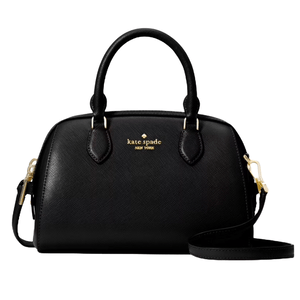 A black Kate Spade New York handbag with gold hardware, featuring a structured design, two handles, and a detachable shoulder strap.