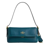 Teal leather Coach shoulder bag with gold-tone hardware, featuring a flap closure and a detachable tag.