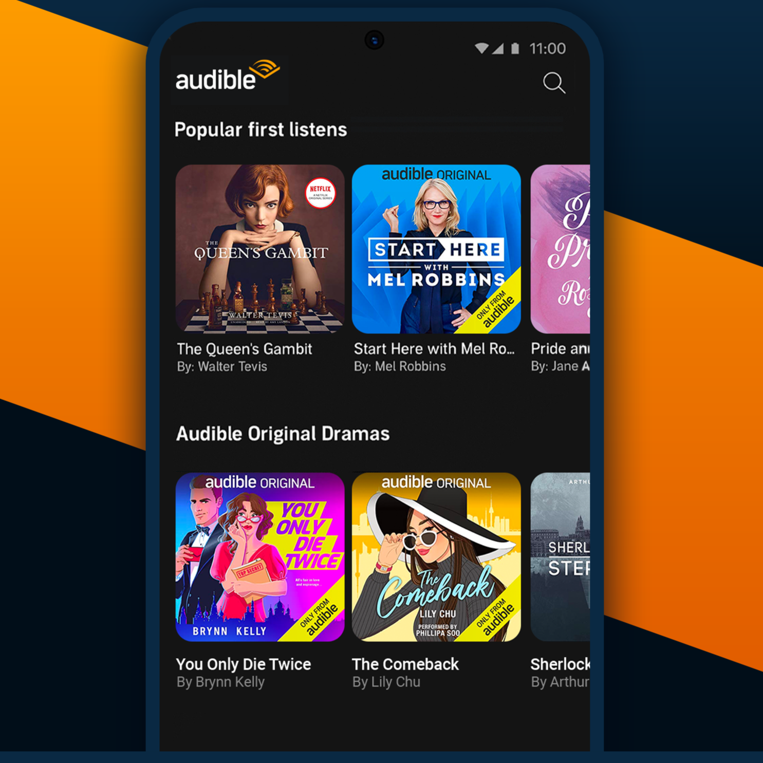 Audible offers podcasts, audiobooks, and Audible Originals. The display shows popular first listens like \“The Queen's Gambit\“ and Audible Original Dramas like \“You Only Die Twice.\“