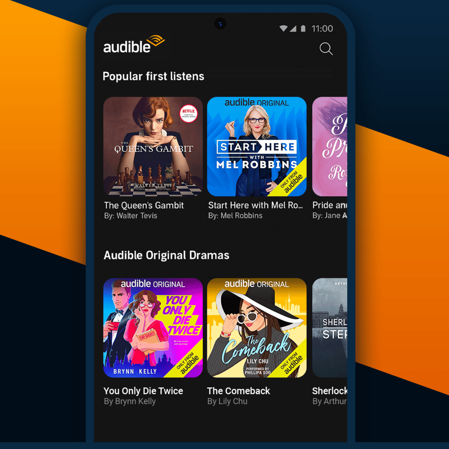 Audible offers podcasts, audiobooks, and Audible Originals. The display shows popular first listens like \“The Queen's Gambit\“ and Audible Original Dramas like \“You Only Die Twice.\“