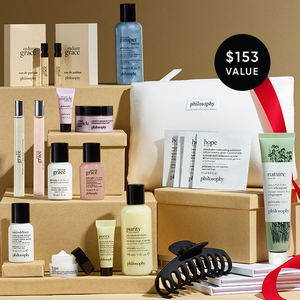 Philosophy gift set includes skincare and fragrance products like purity cleanser, radiant grace perfume, miracle worker cream, juniper berry shampoo, and hope in a jar sachets, valued at $153.