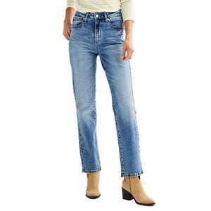 Sonoma High Rise Straight Jeans feature a classic light blue denim wash with a straight leg cut. They have a high-rise fit and are paired with tan ankle boots in the image.