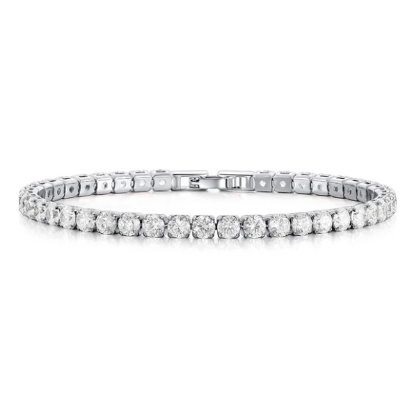 A tennis bracelet featuring a series of uniformly set round diamonds in a symmetrical line, secured by a clasp on a metal band, likely made of white gold or platinum, offering a classic and elegant design.