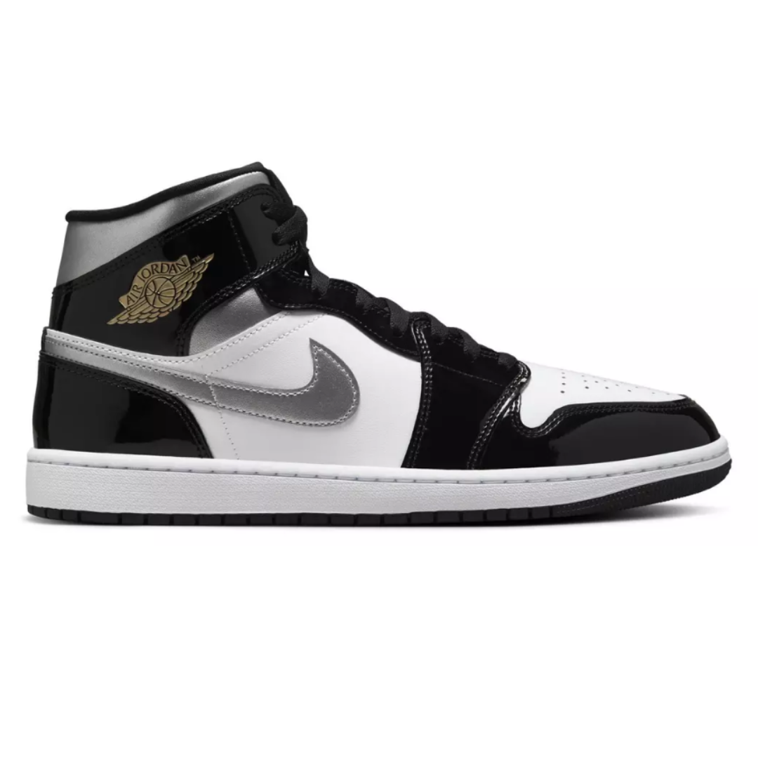 Air Jordan 1 Mid sneaker in black, white, and metallic silver with a glossy finish, featuring the Nike Swoosh and Air Jordan logo on the side.