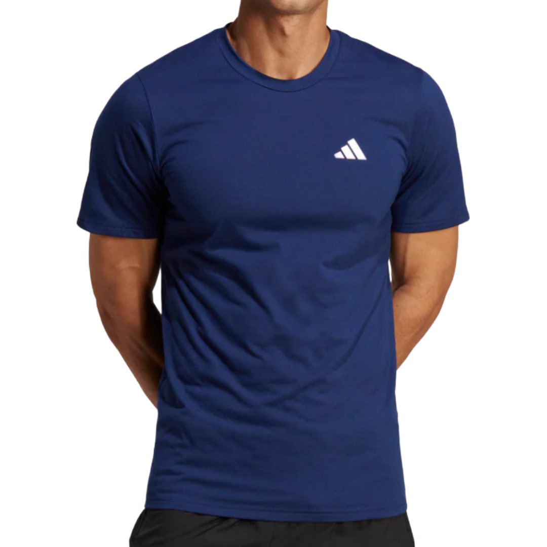 A blue athletic T-shirt featuring a small white logo on the chest. The design is fitted with short sleeves.