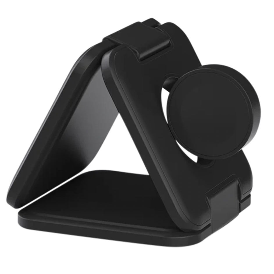 A compact, foldable black phone or tablet stand with an adjustable angle, featuring a round support grip.