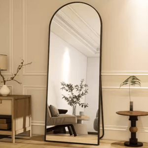 A tall, arched floor mirror with a black frame is leaning against a wall in a room featuring a side table, potted plants, and a decorative lamp.