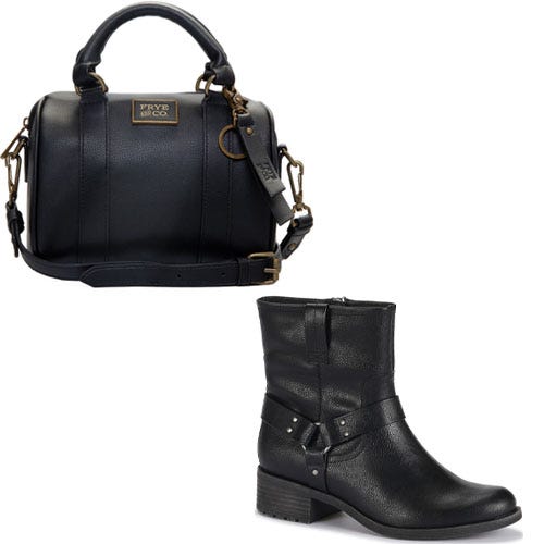 A black leather handbag with gold accents and a black leather ankle boot with buckle details.