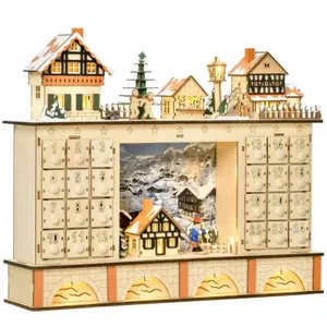 A wooden advent calendar featuring a quaint village scene with numbered doors, decorative houses, and a central image of a winter landscape, equipped with lights.