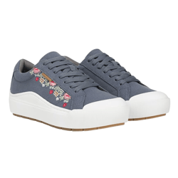 Blue canvas sneakers with white soles, featuring floral embroidery on the sides.