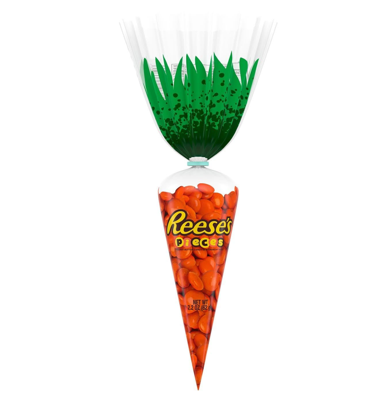 A Reese's Pieces Easter Carrot is a cone-shaped, clear bag filled with orange Reese's Pieces, tied at the top with green cellophane resembling carrot leaves.