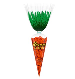 A Reese's Pieces Easter Carrot is a cone-shaped, clear bag filled with orange Reese's Pieces, tied at the top with green cellophane resembling carrot leaves.