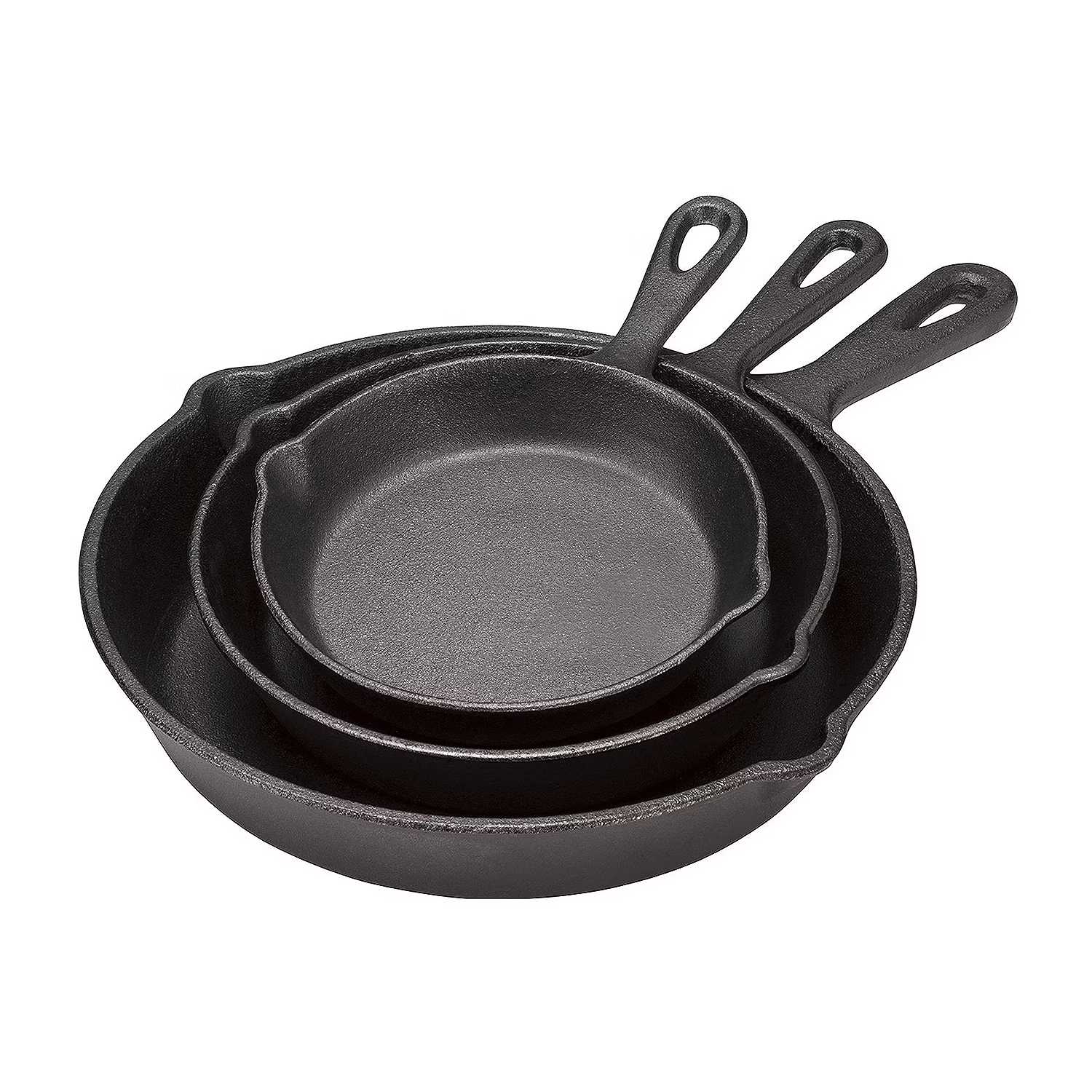 A set of three cast iron skillets in varying sizes with handles.