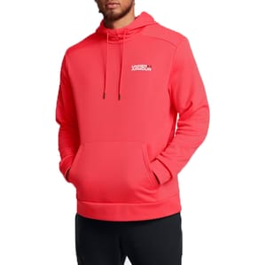 Red Under Armour hoodie with a front pocket and drawstring hood, featuring the brand logo on the chest.