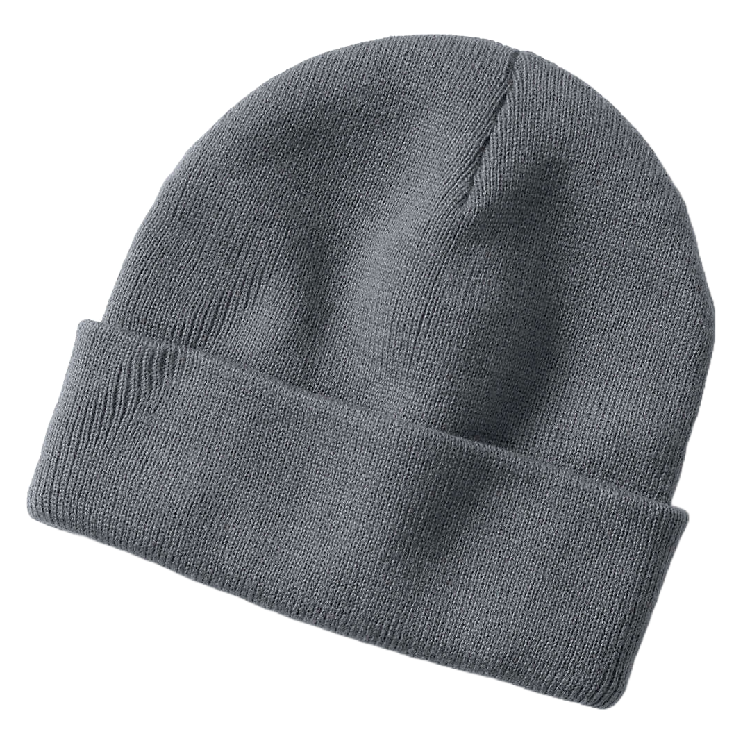 A gray knit winter beanie with a folded cuff, designed for unisex use, providing warmth and comfort.