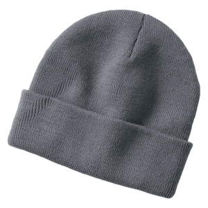 A gray knit winter beanie with a folded cuff, designed for unisex use, providing warmth and comfort.