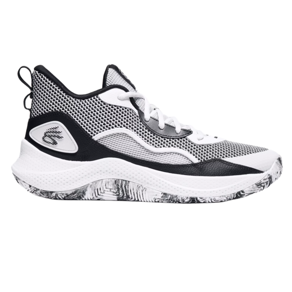 A black and white athletic shoe with a mesh upper, marbled outsole, and a loop on the heel for easy pull-on access. The shoe features a distinct branding logo on the side.