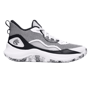 A black and white athletic shoe with a mesh upper, marbled outsole, and a loop on the heel for easy pull-on access. The shoe features a distinct branding logo on the side.