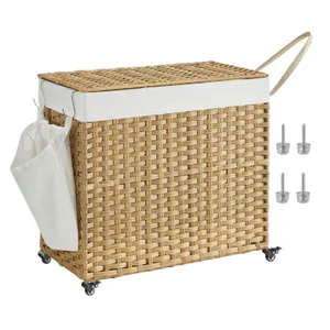 A wicker laundry hamper with a fabric liner, featuring a side pocket, wheels, and a handle. Four screws are shown beside it.