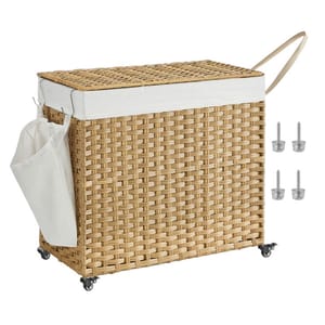 A wicker laundry hamper with a fabric liner, featuring a side pocket, wheels, and a handle. Four screws are shown beside it.