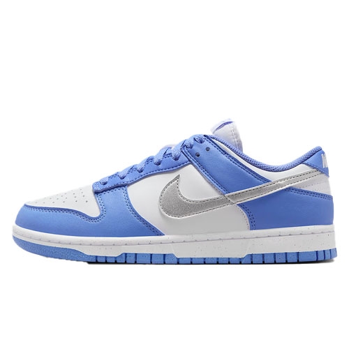 A blue and white low-top sneaker with a gray swoosh logo, featuring a light blue sole and matching laces.
