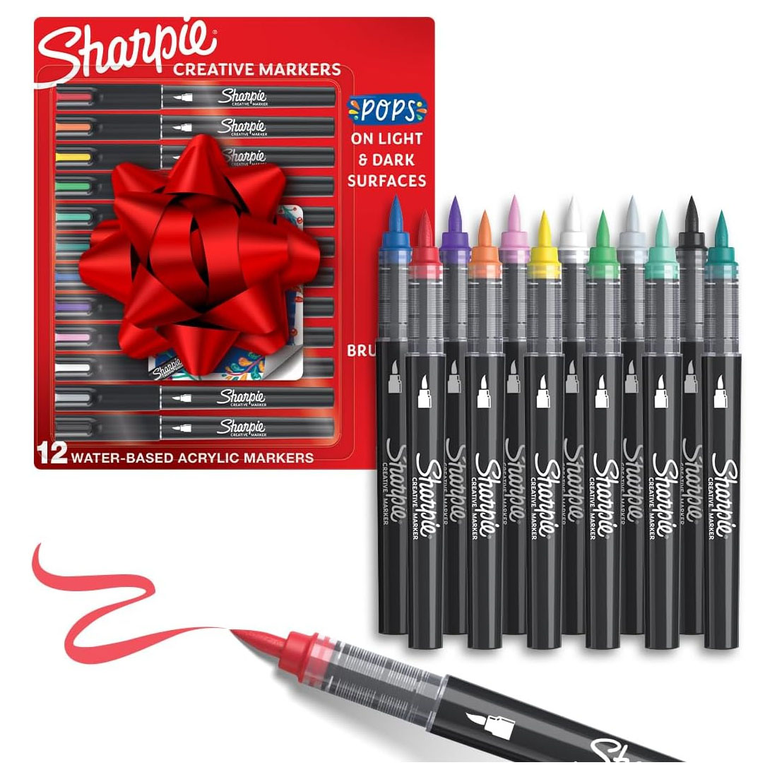 Sharpie Creative Markers set includes 12 water-based acrylic markers with brush tips, suitable for use on light and dark surfaces.