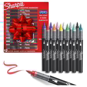 Sharpie Creative Markers set includes 12 water-based acrylic markers with brush tips, suitable for use on light and dark surfaces.