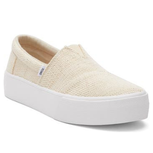 TOMS Platform Knit Slip-On Sneakers feature a cream knit upper with slip-on design and a white platform sole, offering casual style and comfort.