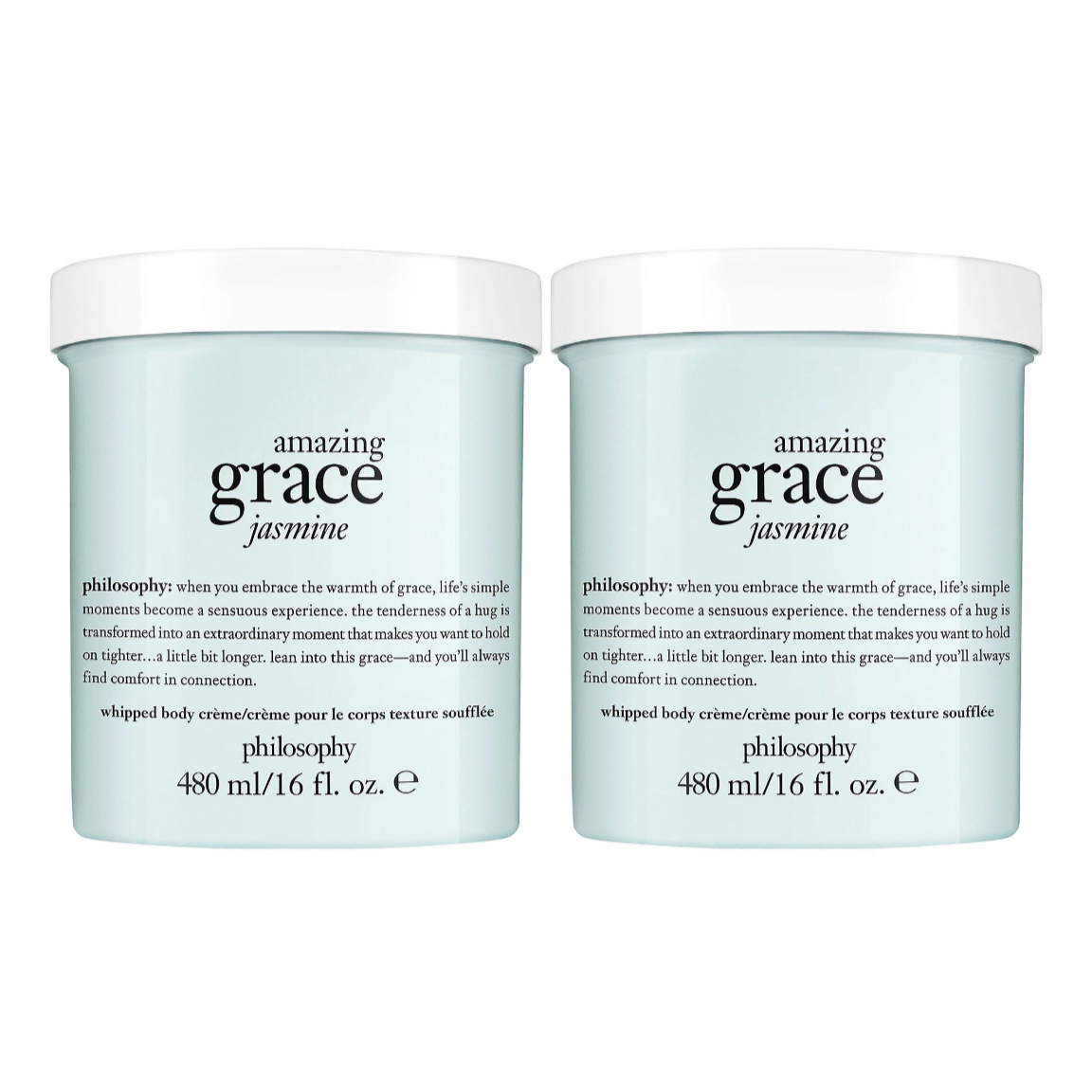 Two jars of Philosophy's \“Amazing Grace Jasmine\“ whipped body crème are shown, each containing 480 ml (16 fl. oz.).