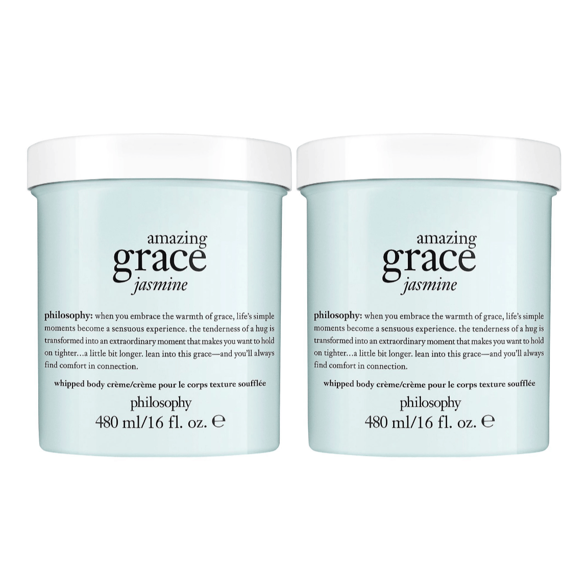 Two jars of Philosophy's \“Amazing Grace Jasmine\“ whipped body crème are shown, each containing 480 ml (16 fl. oz.).