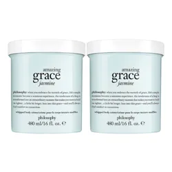 Two jars of Philosophy's \“Amazing Grace Jasmine\“ whipped body crème are shown, each containing 480 ml (16 fl. oz.).