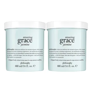 Two jars of Philosophy's \“Amazing Grace Jasmine\“ whipped body crème are shown, each containing 480 ml (16 fl. oz.).