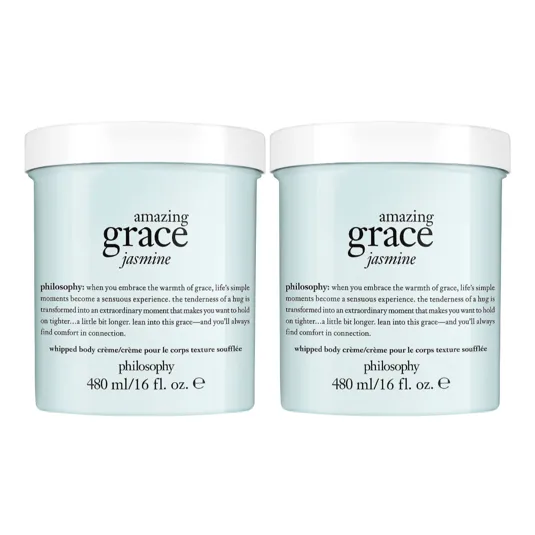 Two jars of Philosophy's \“Amazing Grace Jasmine\“ whipped body crème are shown, each containing 480 ml (16 fl. oz.).