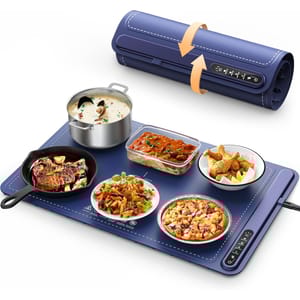 Electric heating mat with adjustable temperature, featuring various dishes like soup, grilled steak, lasagna, salad, pizza, and fried chicken. The mat is rollable for easy storage.