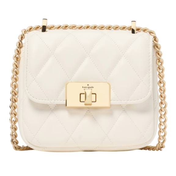 Kate Spade Micro Flap Crossbody in quilted white leather features a gold-tone turn-lock closure and a matching chain strap.