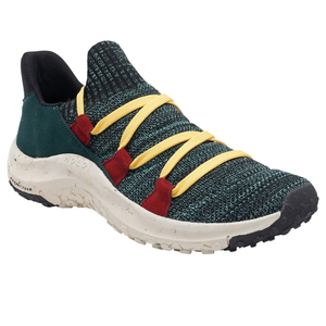 Multicolored athletic shoe with yellow laces and a cream-colored sole.