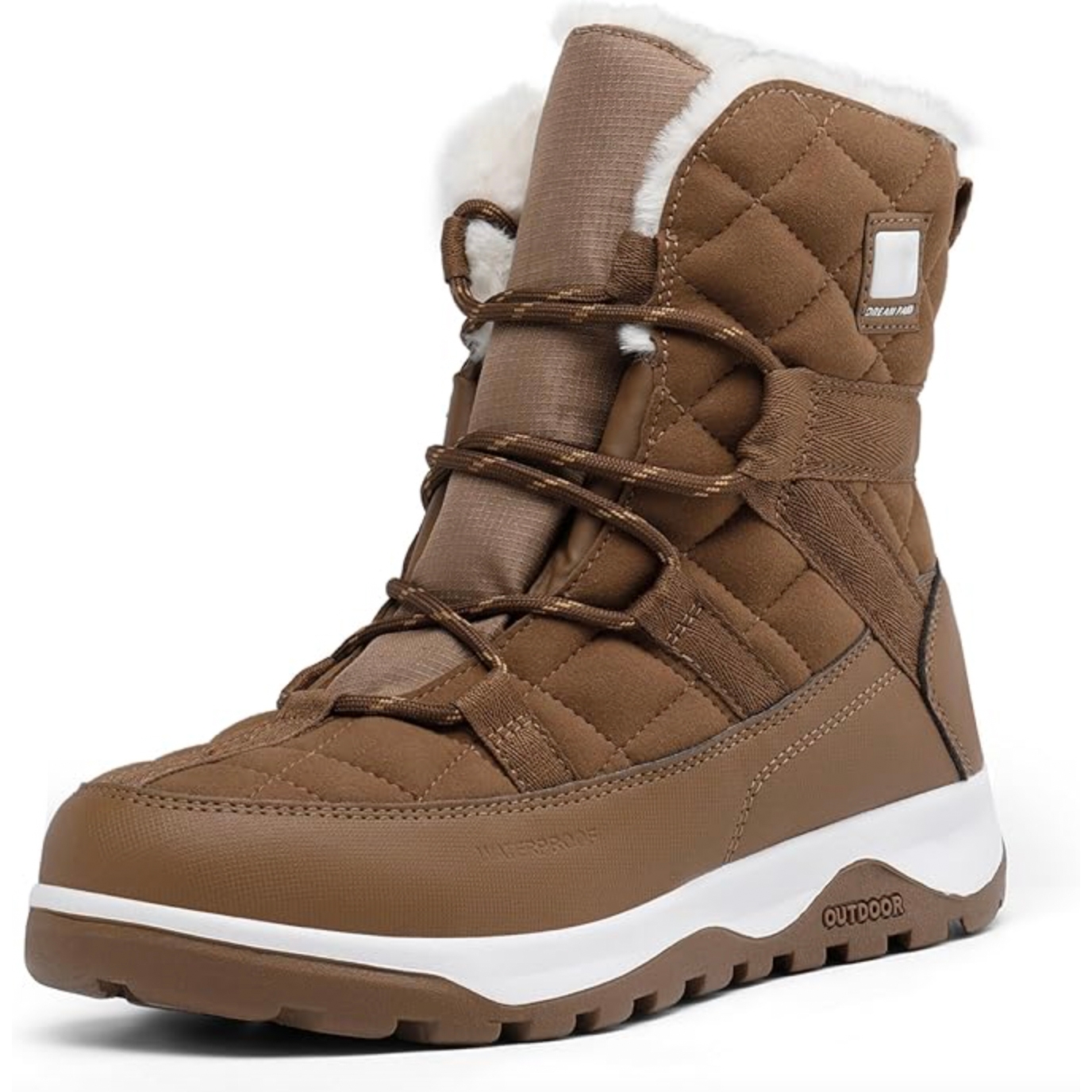 Brown quilted women's snow boots with white faux fur trim and a contrasting white sole, featuring front laces and an \“OUTDOOR\“ label on the side.