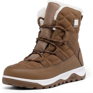 Brown quilted women's snow boots with white faux fur trim and a contrasting white sole, featuring front laces and an \“OUTDOOR\“ label on the side.