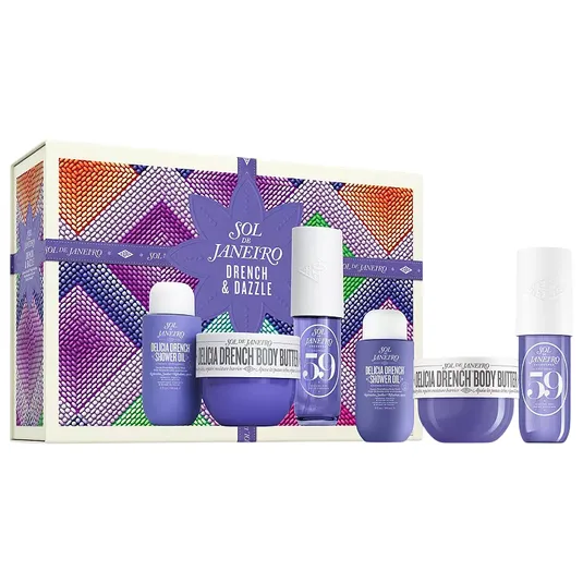 Sol de Janeiro Drench & Dazzle gift set featuring Delicia Drench Body Butter, Shower Oil, and two Body Sprays, presented in a decorative box with a colorful pattern.