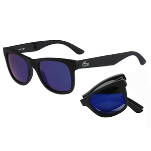 Lacoste Men's Foldable Sunglasses feature a black frame with blue-tinted lenses and a signature crocodile logo on the temples. They can be folded for convenient storage.