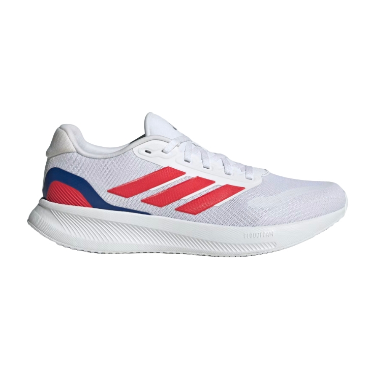 A white athletic shoe featuring red stripes and blue accents, with a Cloudfoam sole for comfort.