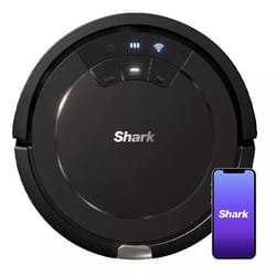 A Shark robot vacuum cleaner with Wi-Fi connectivity is shown along with a smartphone displaying the Shark app.