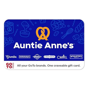 Auntie Anne's gift card featuring logos of Jamba, Schlotzsky's, Moe's, Cinnabon, Carvel, and McAlister's Deli. Slogan: \“All your GoTo brands. One craveable gift card.\“