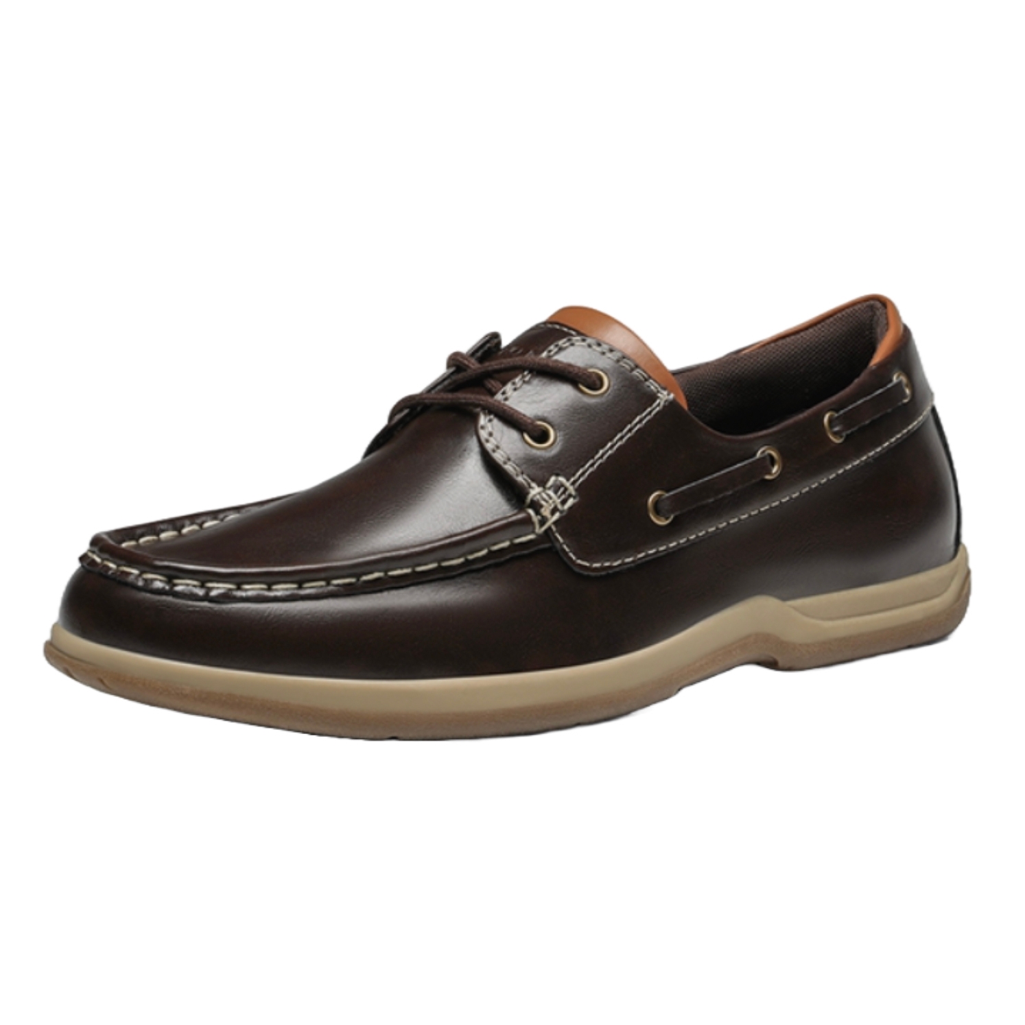 Brown leather boat shoe with white stitching and two-eyelet lacing.