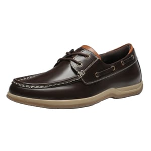 Brown leather boat shoe with white stitching and two-eyelet lacing.